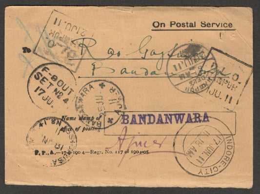 AOP India On Postal Service AR card used 1911 boxed D.L.O./NAGPUR, etc.