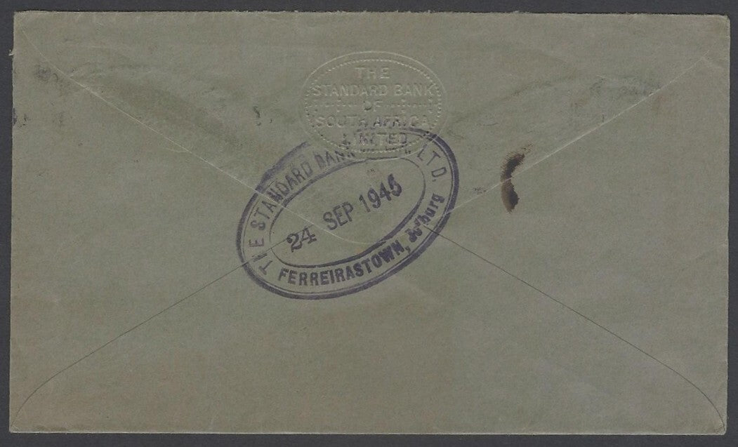AOP South Africa 1943 bantam 1d pair on cover canc Johannesburg to India