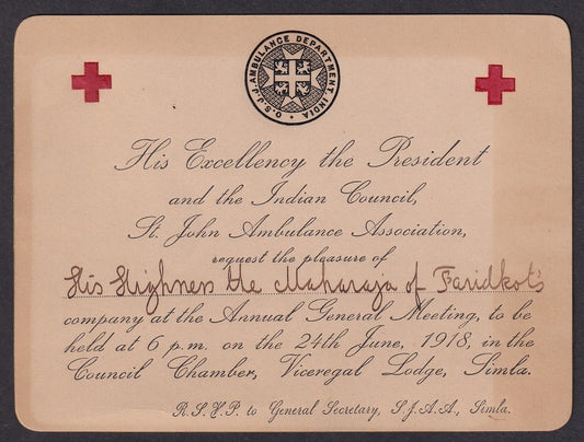 India John Abulance Association 1918 invitation card for a Maharaja