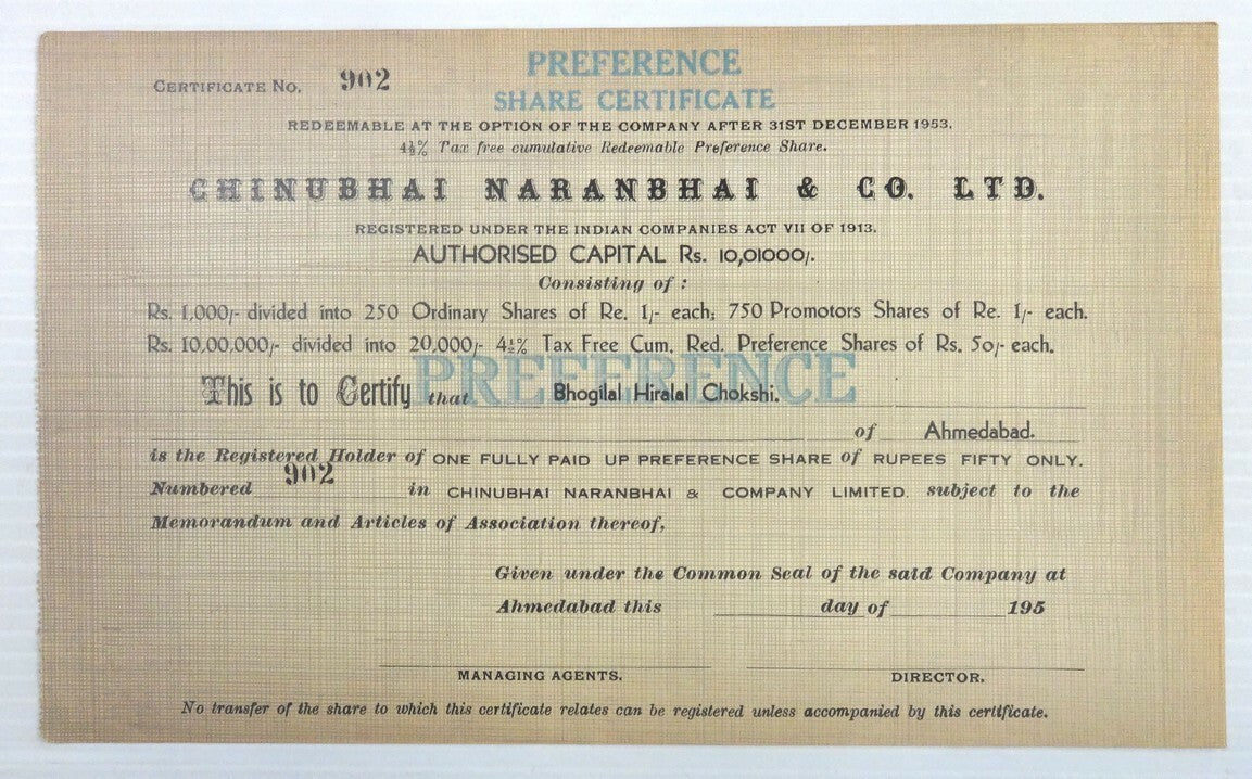 India Chinubhai Naranbhai preference share certificate UNUSED