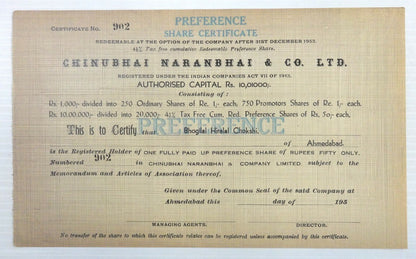 India Chinubhai Naranbhai preference share certificate UNUSED