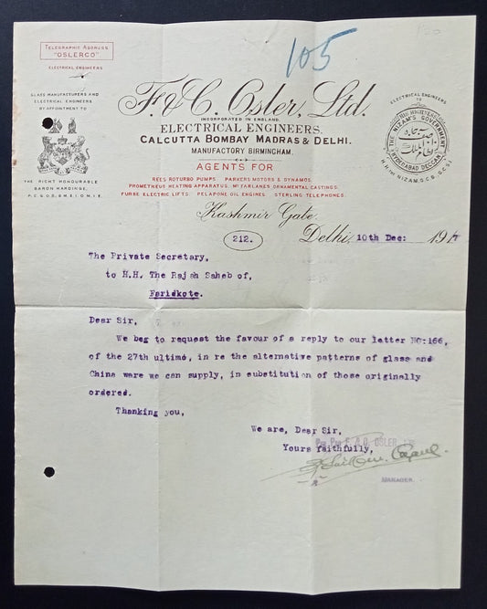 India F&C Osler Ltd., Electrical Engineers 1917 letterhead to PS Raja of Faridko