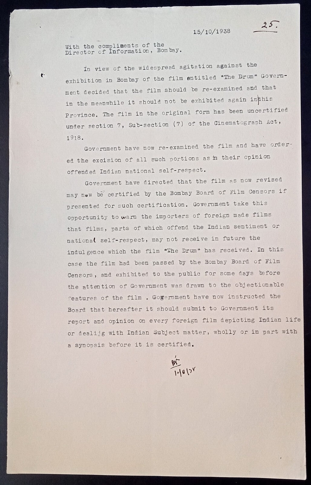 India 1939 Official letter re widespread agitation against screening of THE DRUM