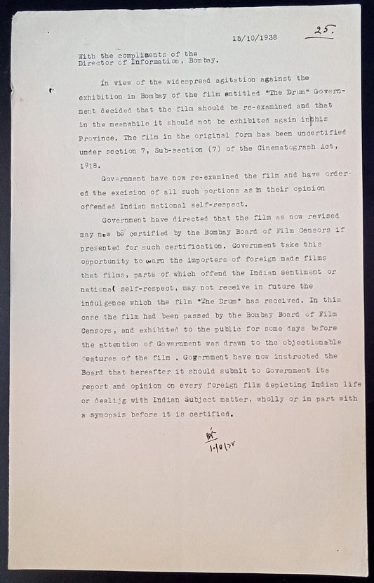 India 1939 Official letter re widespread agitation against screening of THE DRUM