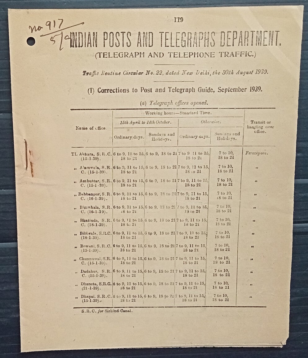 India 1939 POSTAL NOTICE Correction to Post and Telegraph Guide Sept 1939 #22