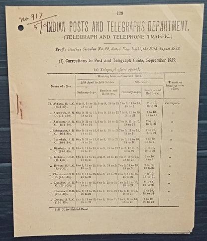 India 1939 POSTAL NOTICE Correction to Post and Telegraph Guide Sept 1939 #22