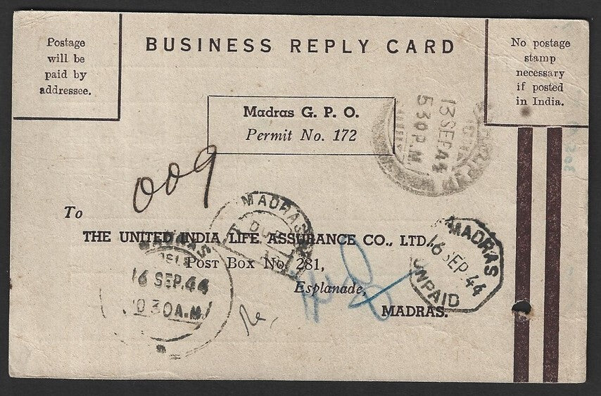 India 1944 Business Reply card unaccepted, charged single deficiency Postage Due