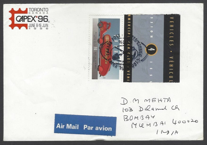 AOP Canada 1996 Historical Vehicles 90c on cover to India