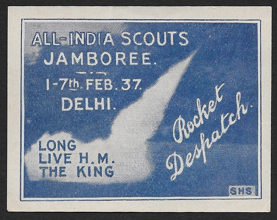 India 1937 All India Scouts Jamboree blue rocket label signed on the back
