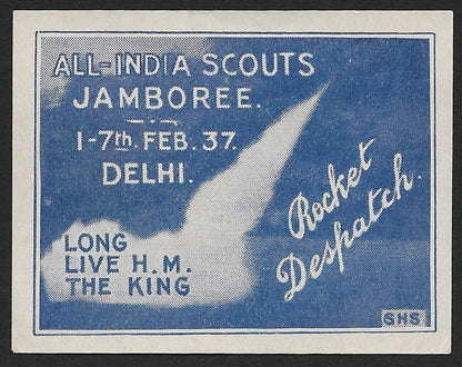India 1937 All India Scouts Jamboree blue rocket label signed on the back