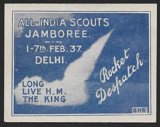 India 1937 All India Scouts Jamboree blue rocket label signed on the back