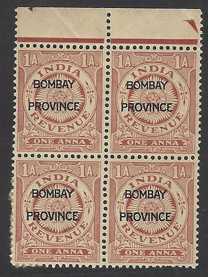 India 1934 revenue 1a mint block of 4 (3 stamps MNH)
