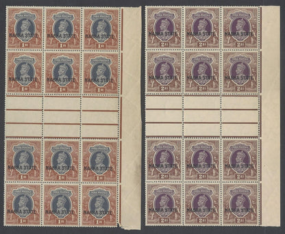 AOP India Nabha State KGVI 1938 1R & 2R gutter blocks of 12 MNH. SG 89-90 £672