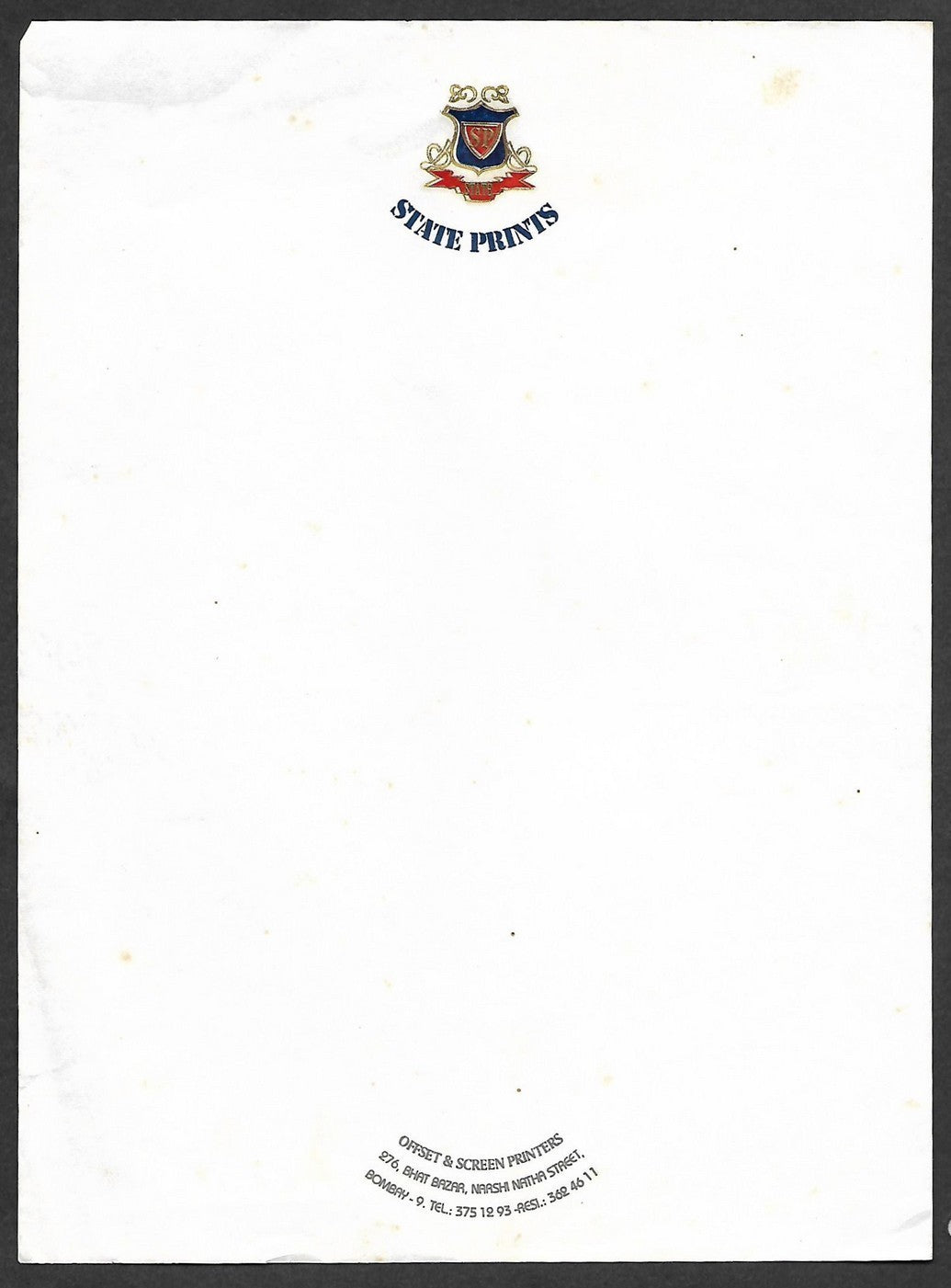 India STATE PRINTS makers of crested lettheads – unused crested lettersheet