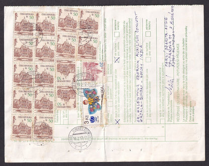 Ceska 1993-95 50kc block of 6 on parcel card to India