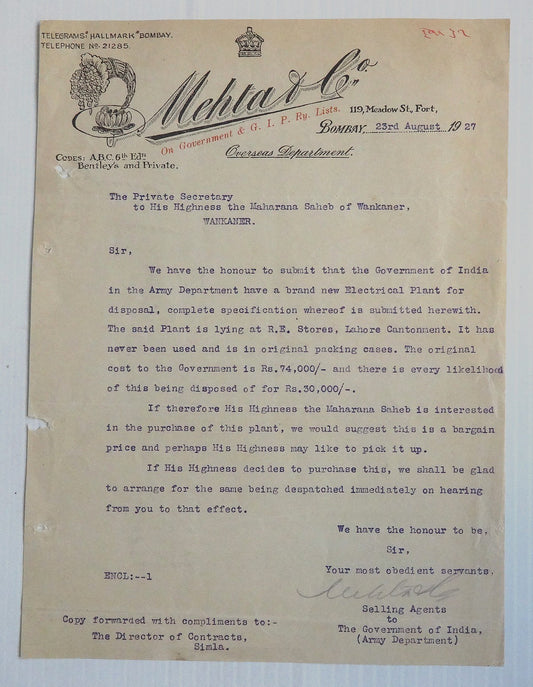 India 1927 illustrated letterhead MEHTA CO. ELECTRICAL PLANT Bombay