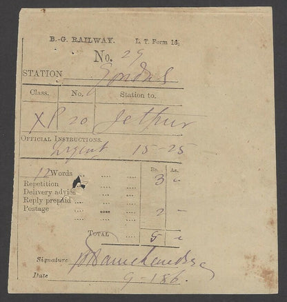 India 1886 B. G. RAILWAY telegraph receipt