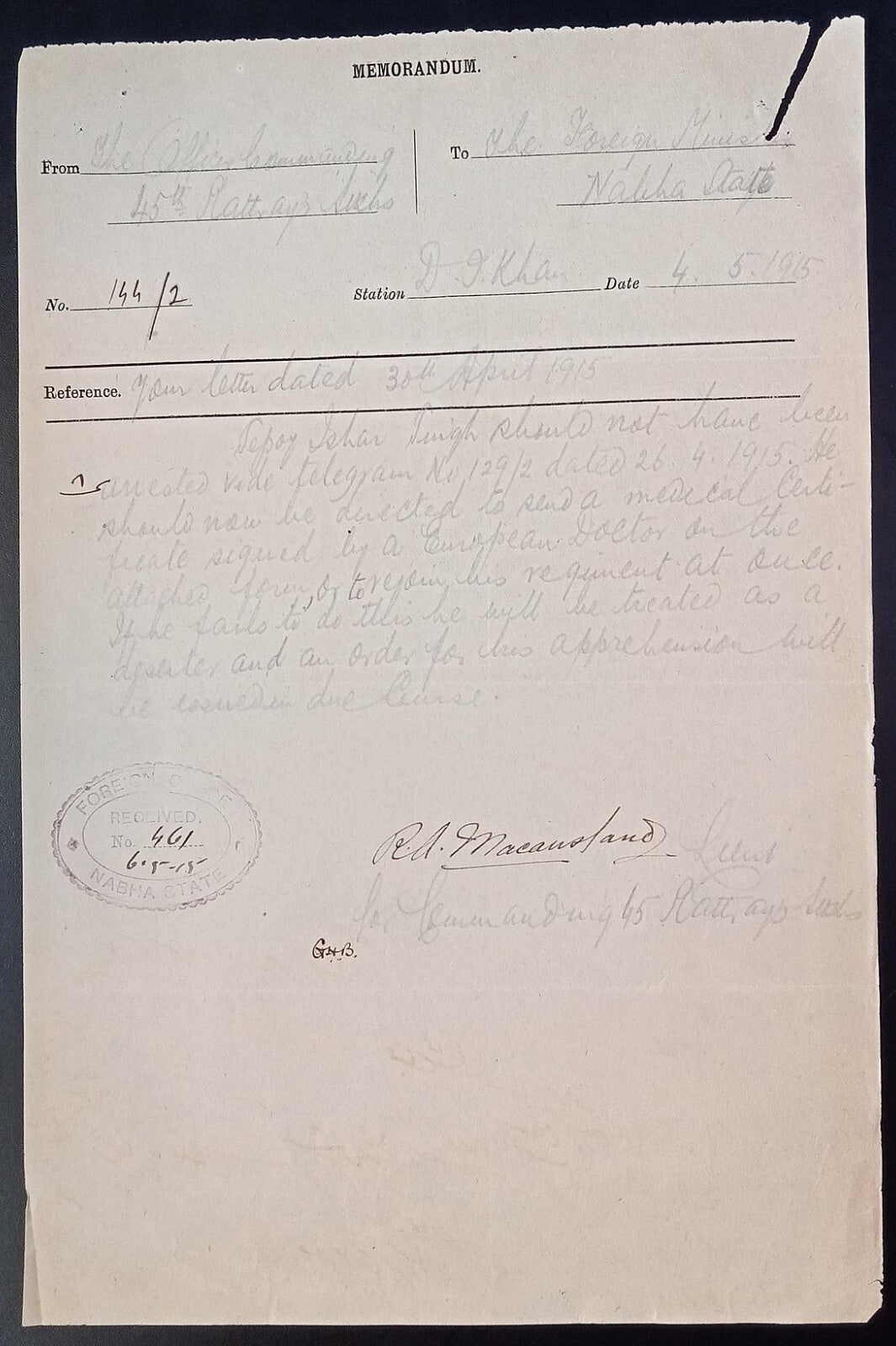 India NABHA State WW1 1915 Official letter about the apprehension of a deserter