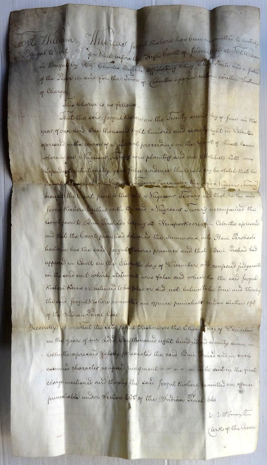 India 1878 parchment animal skin Court document Charge of giving false evidenceӜ