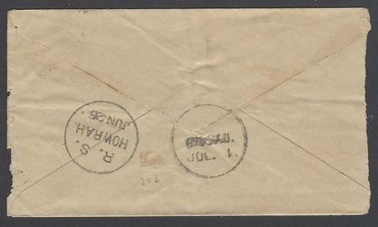 AOP India QV Queen Victoria cover canc R.M..S.  HOWRAH in bars & R.S./HOWRAH sc