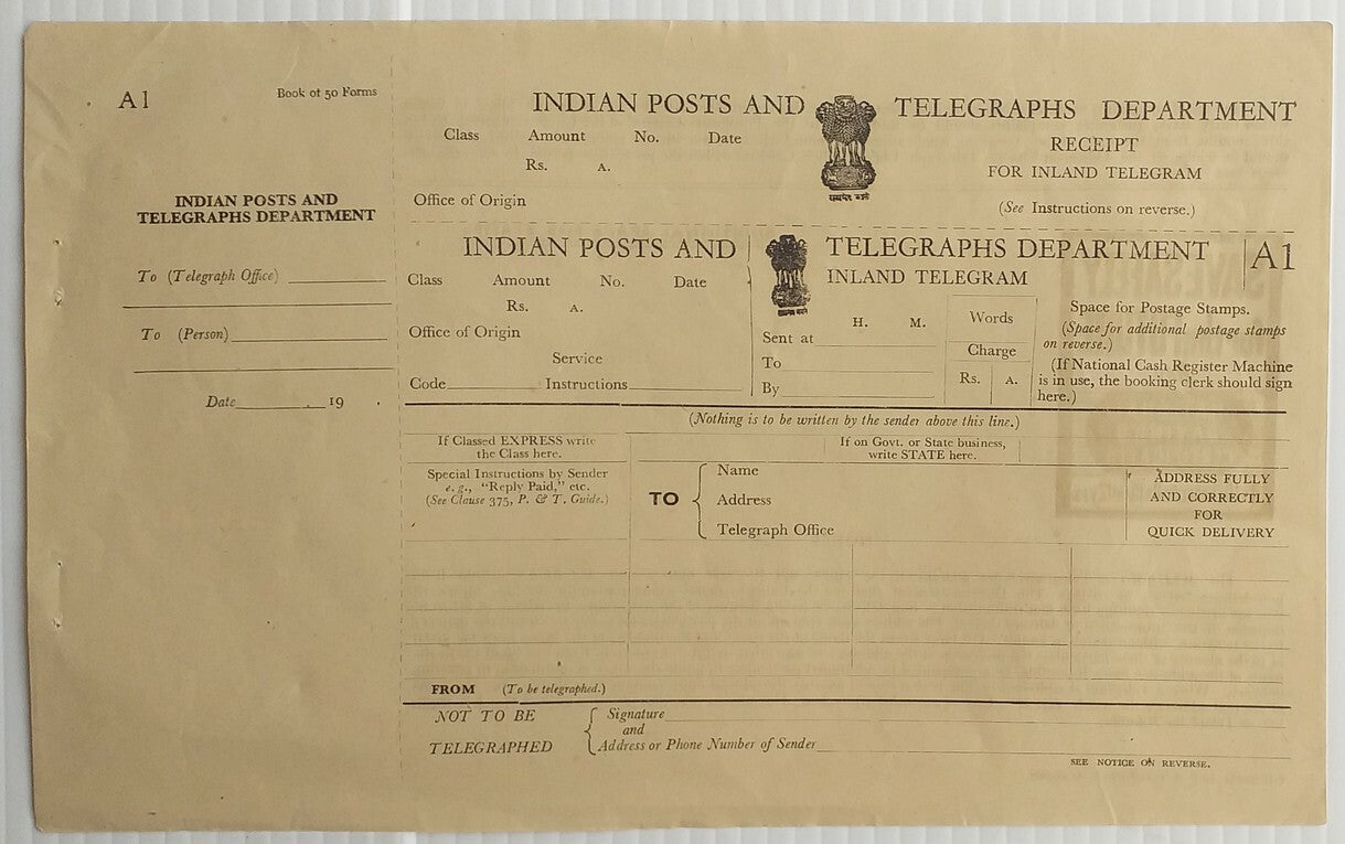AOP India 1948 Inland Telegram 1953 printing unused
