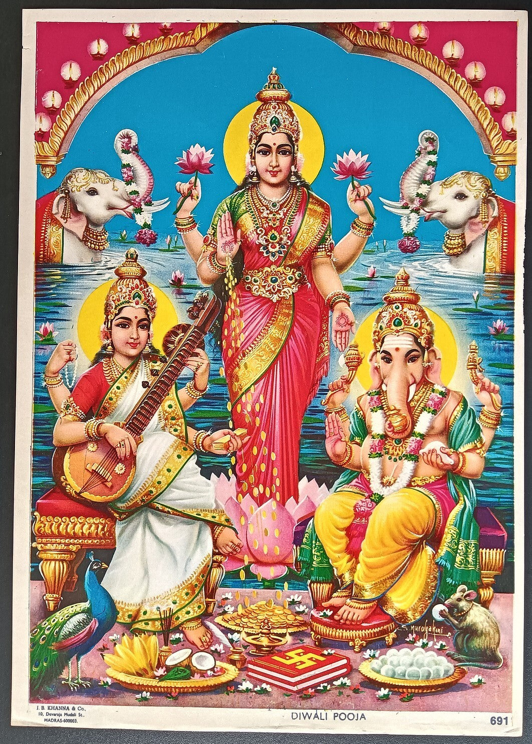 India vintage poster Diwali Puja by J.B. Khanna & Co. 9.5"x13.5" inches
