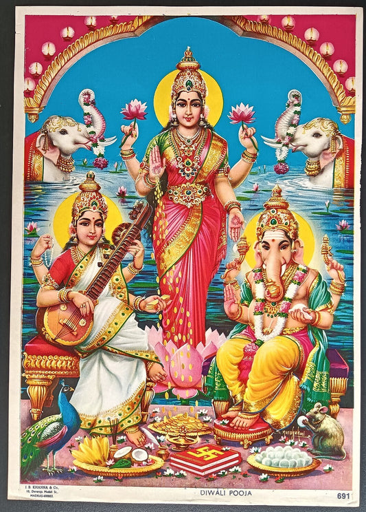 India vintage poster Diwali Puja by J.B. Khanna & Co. 9.5"x13.5" inches