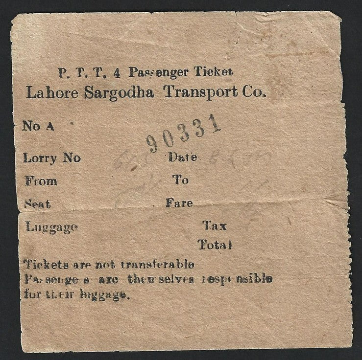 India 1930s Lorry Bus ticket - Lahore Sargodha Transport Co.