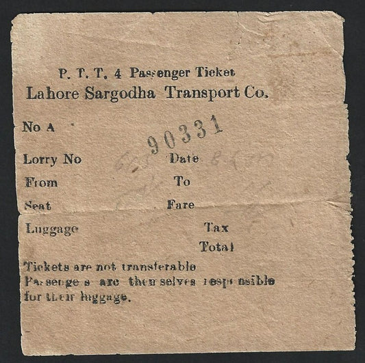 India 1930s Lorry Bus ticket - Lahore Sargodha Transport Co.