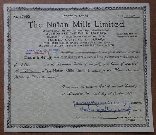 India 1967 The Nutan Mills share certificate