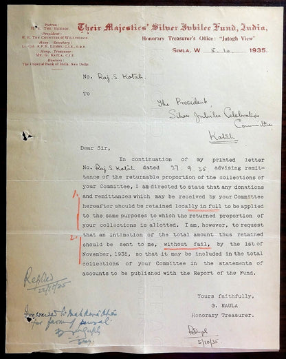 India 1935 Silver JubileeFund letterhead used