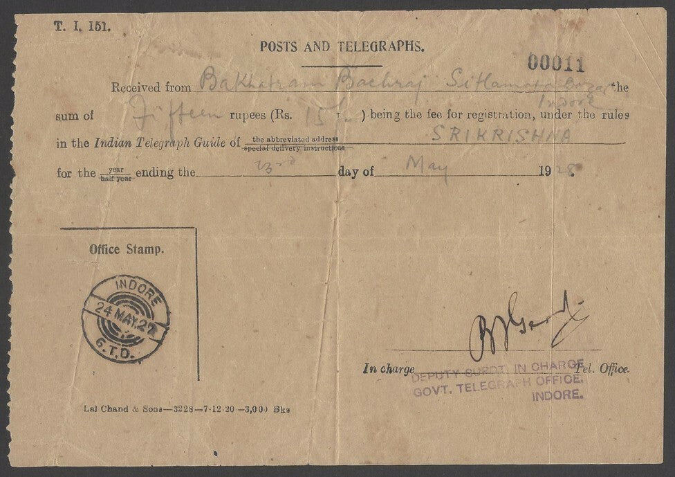 India Posts & Telegraphs receipt for the registration of short telegraph address