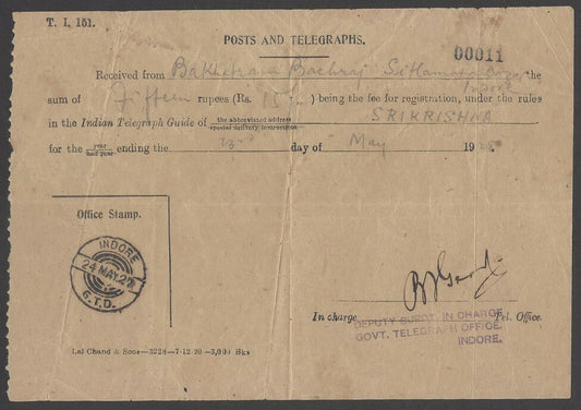 India Posts & Telegraphs receipt for the registration of short telegraph address