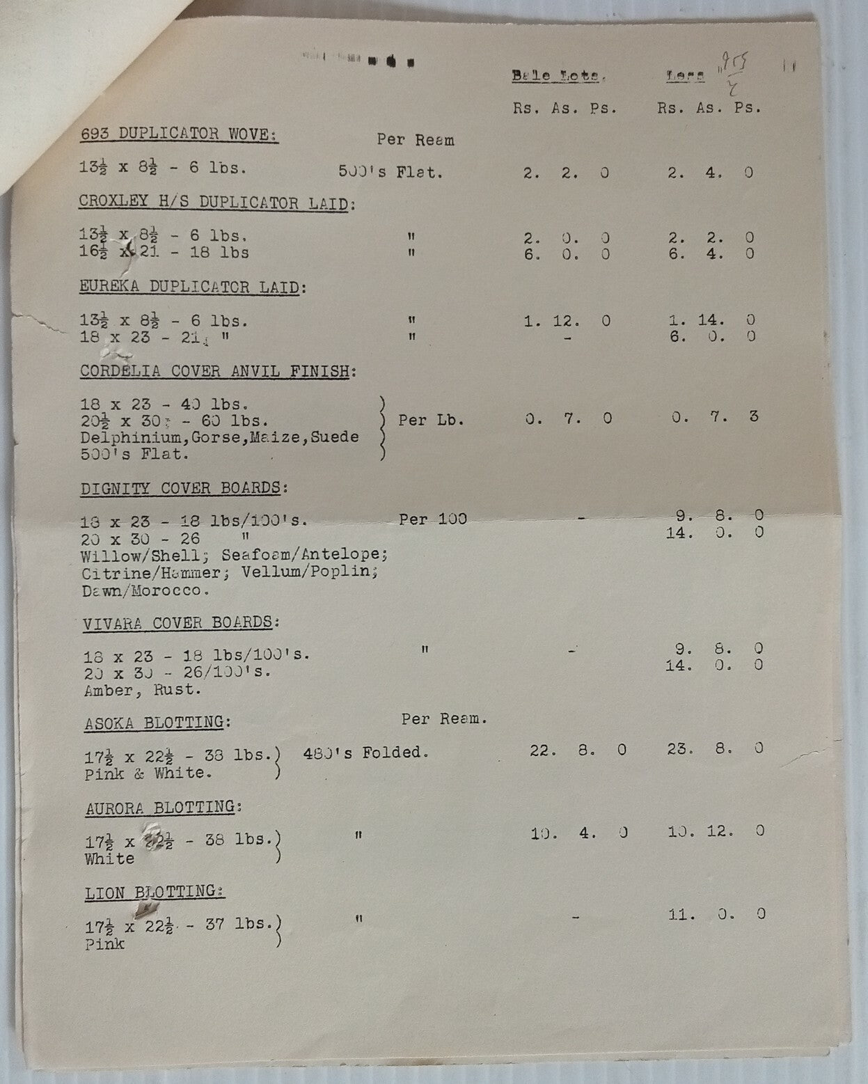 AOP 1938 India John Dickinson & Co. Bombay Paper Stock & Price List