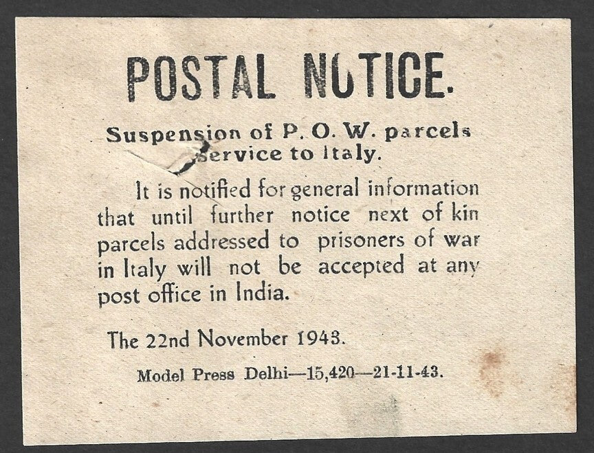 India 1948 POSTAL NOTICE Suspension of Prisoner of War parcel service to Italy