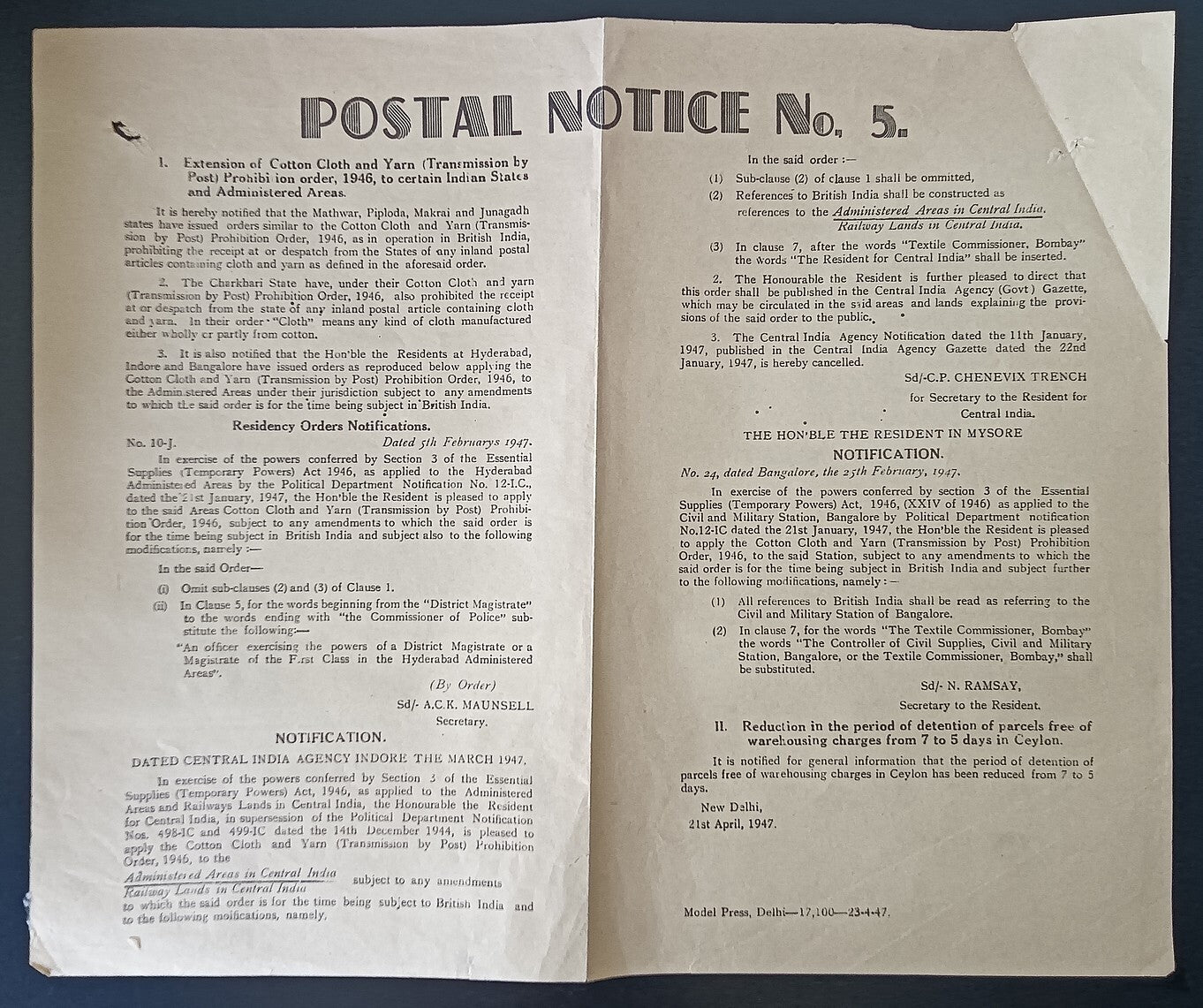 India POSTAL NOTICE No. 5 21st April 1947 Multiple subjects