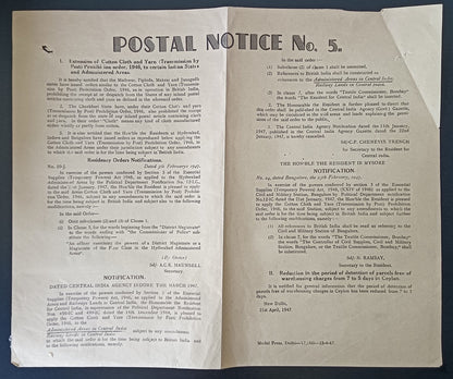India POSTAL NOTICE No. 5 21st April 1947 Multiple subjects