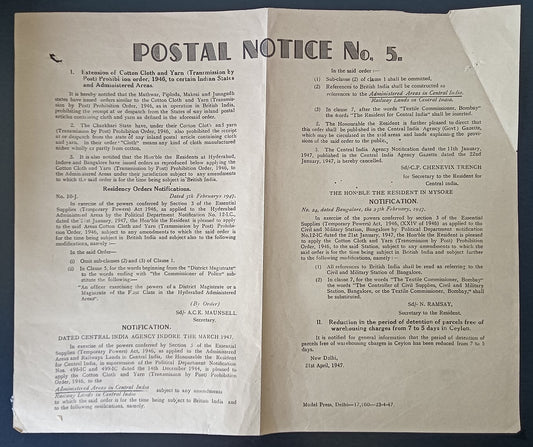 India POSTAL NOTICE No. 5 21st April 1947 Multiple subjects