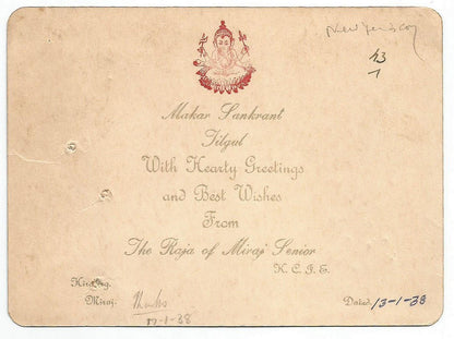 India 1938 crested Makar Sankrant Greeting card from the Chief of Miraj Senior