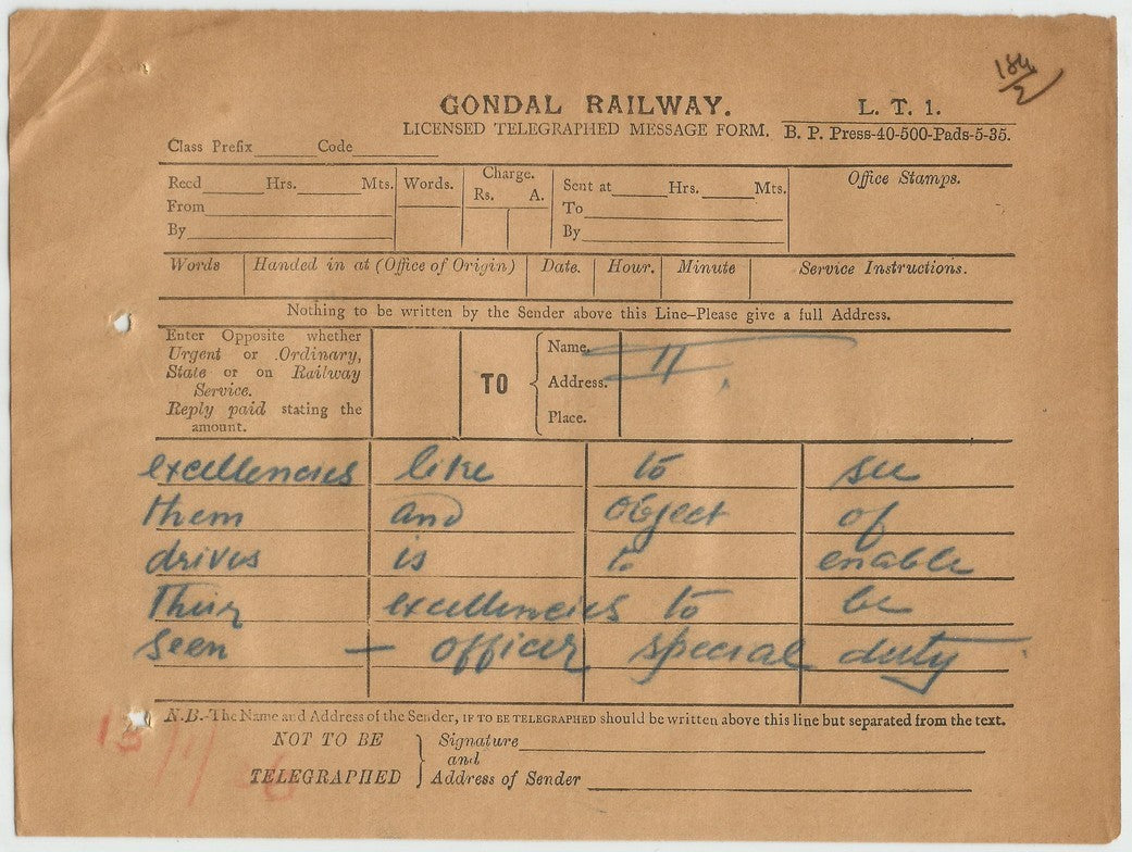 India 1936 Viceroy’s Camp Morvi 2 page OSD telegram