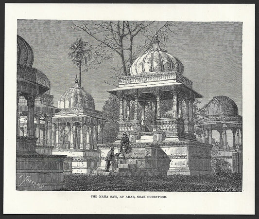 India MAHA SATI AHAR NEAR OUDEYPOOR engraved print ex libris Rousslet 1876 7"x6"