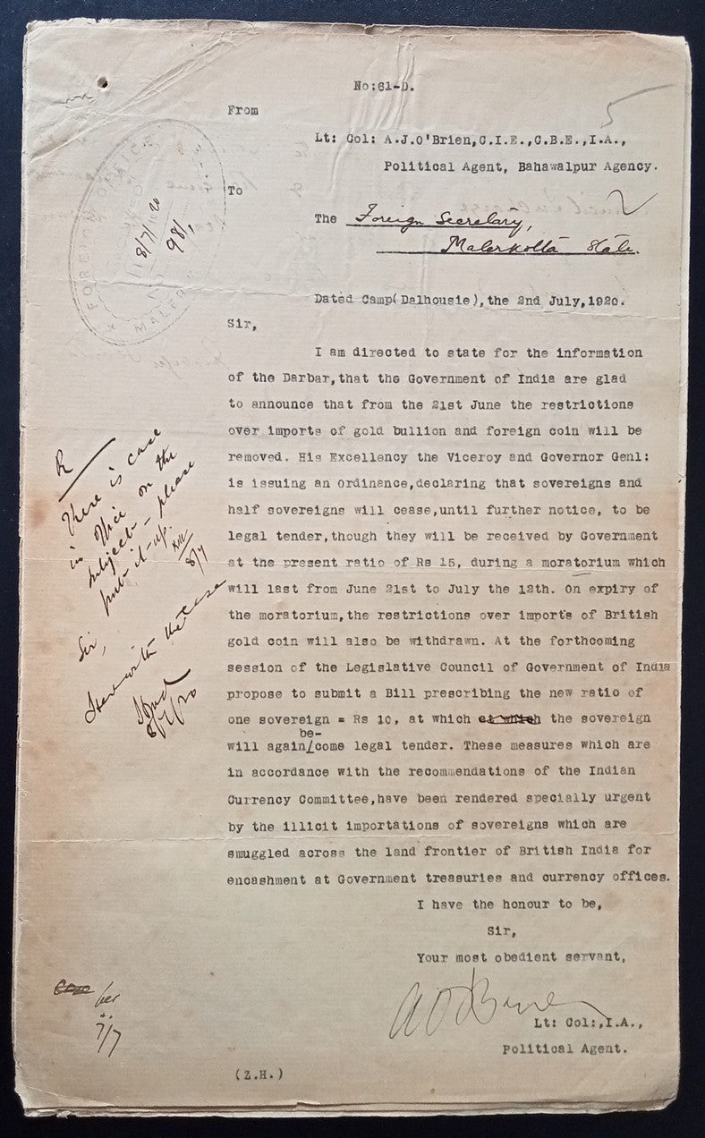 India 1915 documents about re-settings the valuations of Gold Coins, etc.