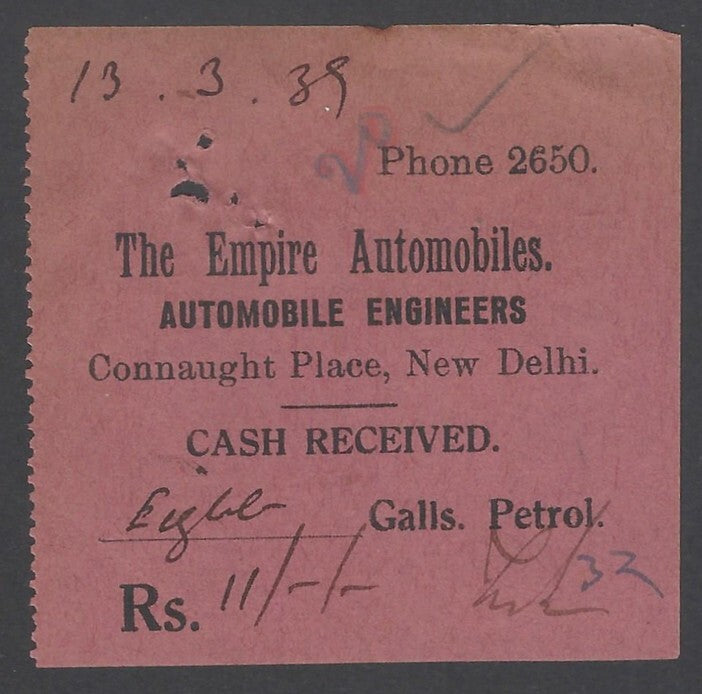 AOP India 1939 The Empire Automobiles New Delhi petrol receipt
