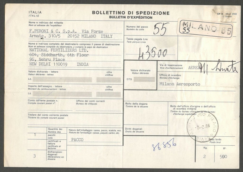 AOP Italy parcel card to India