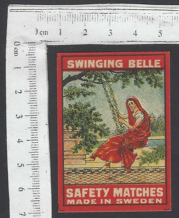 AOP India vintage matchbox label Swinging Belle (Mohini) Made in Sweden