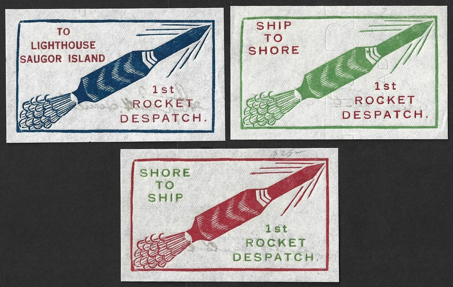 AOP India ROCKET MAIL - 1934 Saugor labels x 3 signed Stephen Smith