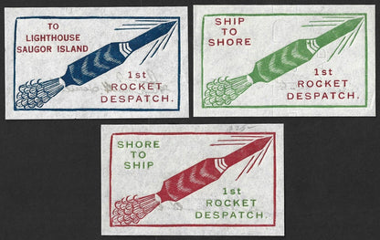 AOP India ROCKET MAIL - 1934 Saugor labels x 3 signed Stephen Smith