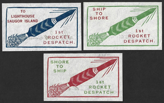 AOP India ROCKET MAIL - 1934 Saugor labels x 3 signed Stephen Smith
