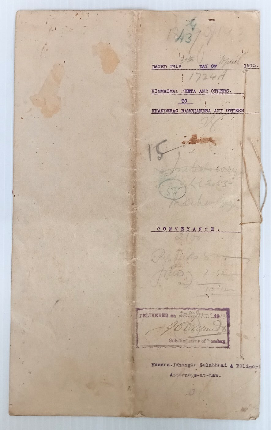 AOP India 1913 8 pages Indenture with QV 1889 25R LATE USED	