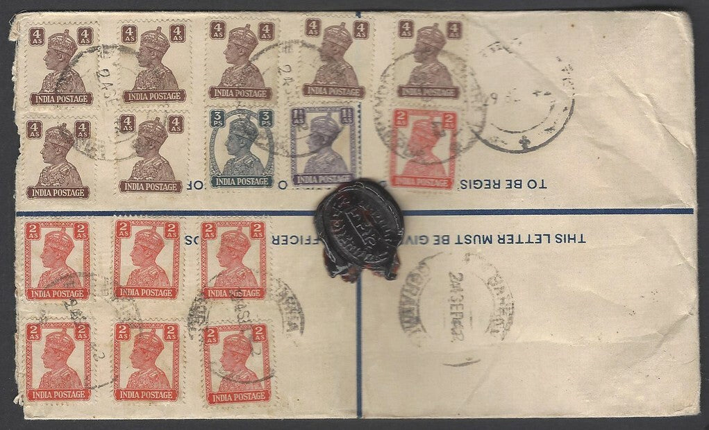 AOPIMT India KGVI registered envelope uprated with 16 KGVI stamps 